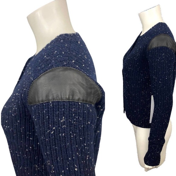 NWT Navy Blue Flecked Leather Wool Button Up Cardigan Sweater / Small * - Picture 2 of 4